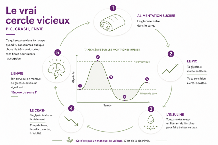 Graphique illustrant le cercle vicieux du sucre avec cinq étapes : pic, insuline, crash, envie et re-pic